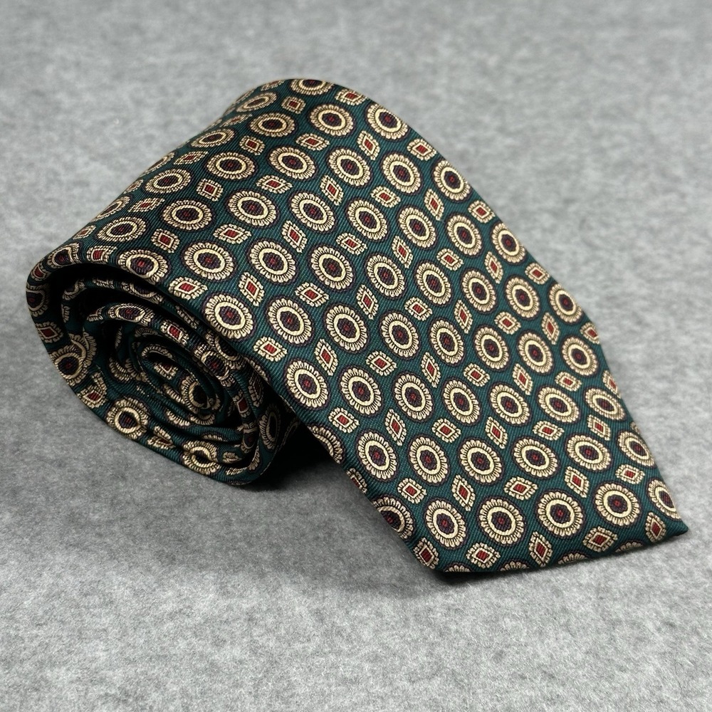 Vintage Guy Laroche Paris Silk‎ Tie Green Medallion Geometric Designer 56x3.3in